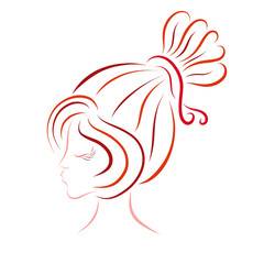 A beautiful young lady with a chic hairstyle and ribbon creating a heart shape, profile