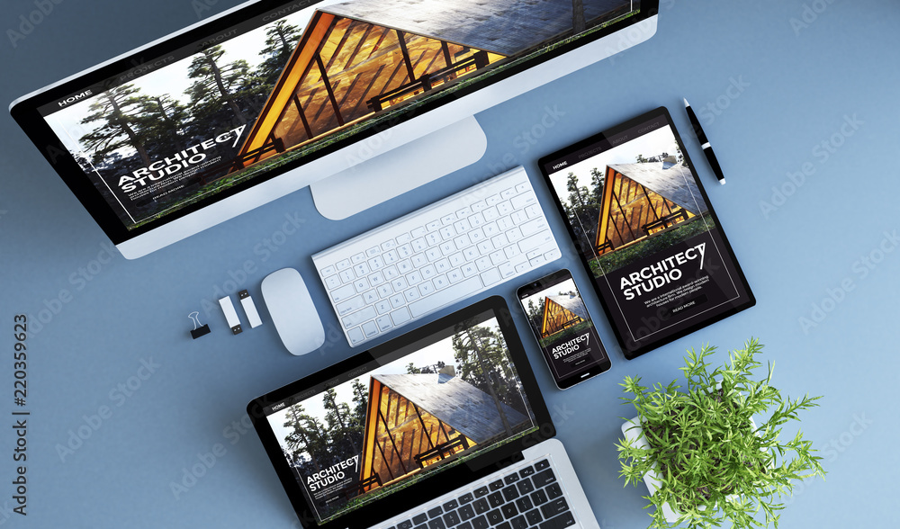 Wall mural top view blue devices architect website