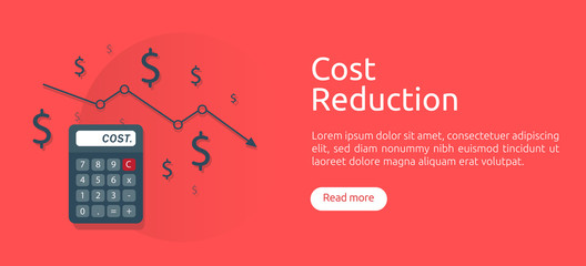 cost reduction concept. calculator and arrow line decrease. dollar money fall down symbol. economy stretching rising drop. Business lost crisis. bankrupt icon. banner vector illustration.