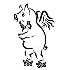 Funny winged pig on roller skates, sport for everyone