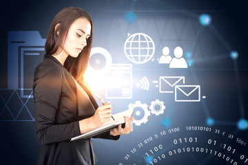 Businesswoman with planner, internet icons