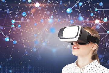 Impressed woman in vr glasses, network interface