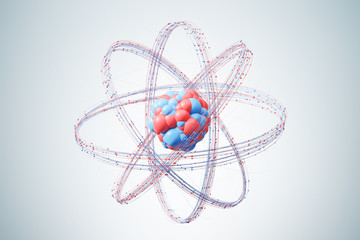 Red blue atom nucleus over gray background - obrazy, fototapety, plakaty