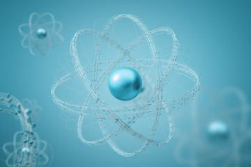 Cyan atom model over blue background - obrazy, fototapety, plakaty