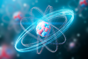 Red blue atom model over blurred blue and red - obrazy, fototapety, plakaty