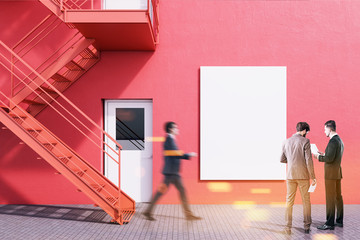 Red building with fire escape ladder. Poster, men