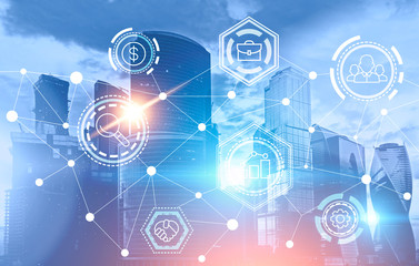 Business network icons over blue cityscape