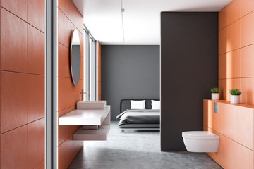 Fototapeta na wymiar Orange bathroom, gray bedroom interior