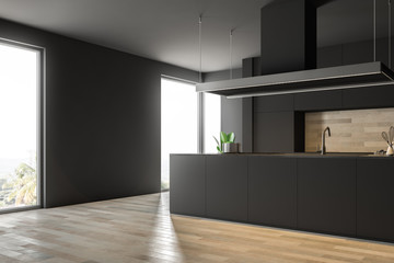 Wooden floor kitchen corner, gray counters