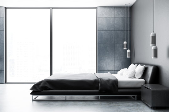 Gray panoramic bedroom interior, side view