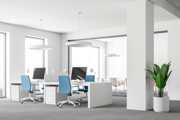 Fototapeta na wymiar Open space office with blue chairs, minimalism