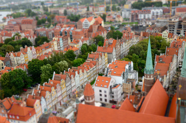 City of Gdansk in Poland, aerial view over the Old Town, view from Saint Mary's Church Tower. Cityscape of Gdansk. Miniature effect.
