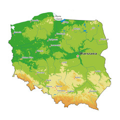 Naklejka premium Polska mapa fizyczna