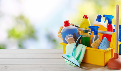Colorful yellow box with cleaning supplies