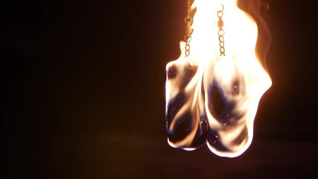 Slowmotion, Burning A Pair Of Fire Poi In The dark, flame