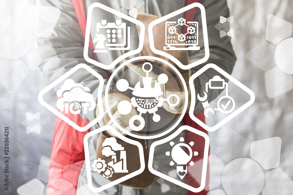 Poster industrial man offers a circuit hard hat network cogwheel icon on a virtual display. smart industry 