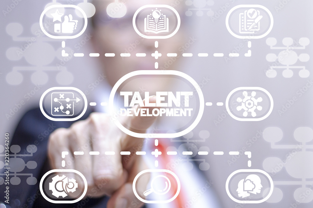 Poster man clicks a talent development words button on a virtual flowchart panel. talent development succes