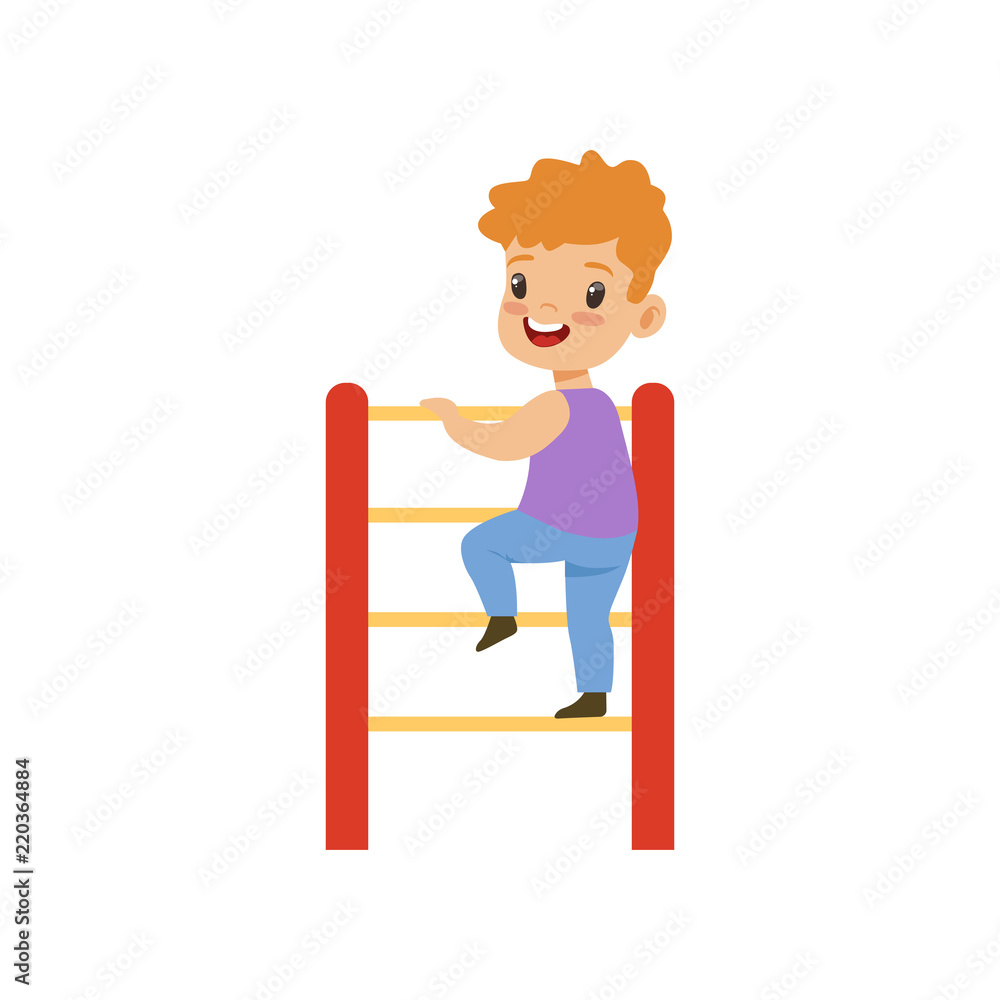 Sticker Cute little boy climbing up ladder, kid having fun on playground vector Illustration on a white background