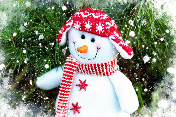 cheerful and funny snowman in a red hat and scarf on a Christmas tree background