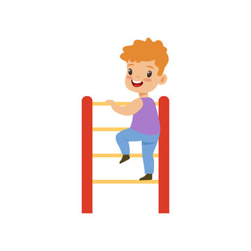 Cute Little Boy Climbing Up Ladder, Kid Having Fun On Playground Vector Illustration On A White Background