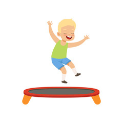 Boy playing trampoline, kid having fun on playground vector Illustration on a white background