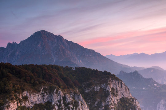 Grigna meridionale at sunrise seen from Monte Coltignone, Lecco, Lombardy, Italian Alps