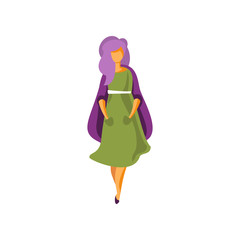 Stylish girl wearing green dress, elegant fashionable young woman in modern clothing vector Illustration on a white background