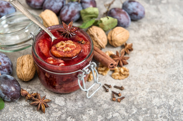 Homemade plums marmalade walnuts spices Fruit jam