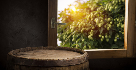 background of barrel and worn old table of wood