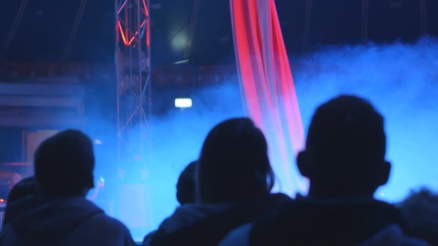 Audience looking at Circus performance. Smoke and light effects.