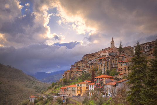Sunset at the village of Apricale, Province of Imperia, Liguria