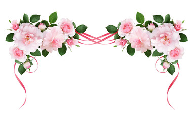 Fototapeta premium Różowe kwiaty i jedwabne falowane wstążki w kwiatowym układzie