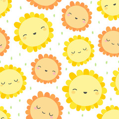 Cute flowers pattern, smile face cartoon seamless background, vector illustration