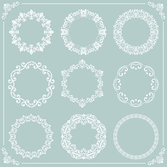 Vintage set of round elements. Different elements for decoration and design frames, cards, menus, backgrounds and monograms. Classic white patterns. Set of vintage patterns