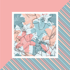 Lilies in sketch style on pastel colored banner. Hand drawn tender flowers in square frame - floral decorative vector illustration with outline blossoms and gentle colors.