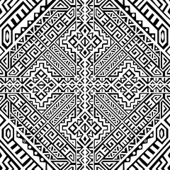 Simmetric seamless pattern in ethnic style. Tribal geometric ornament, perfect for textile design, site background, wrapping paper and other endless fill. Trendy boho tile.