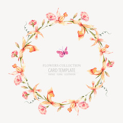 Vector vintage floral round wreath with yellow orchids 