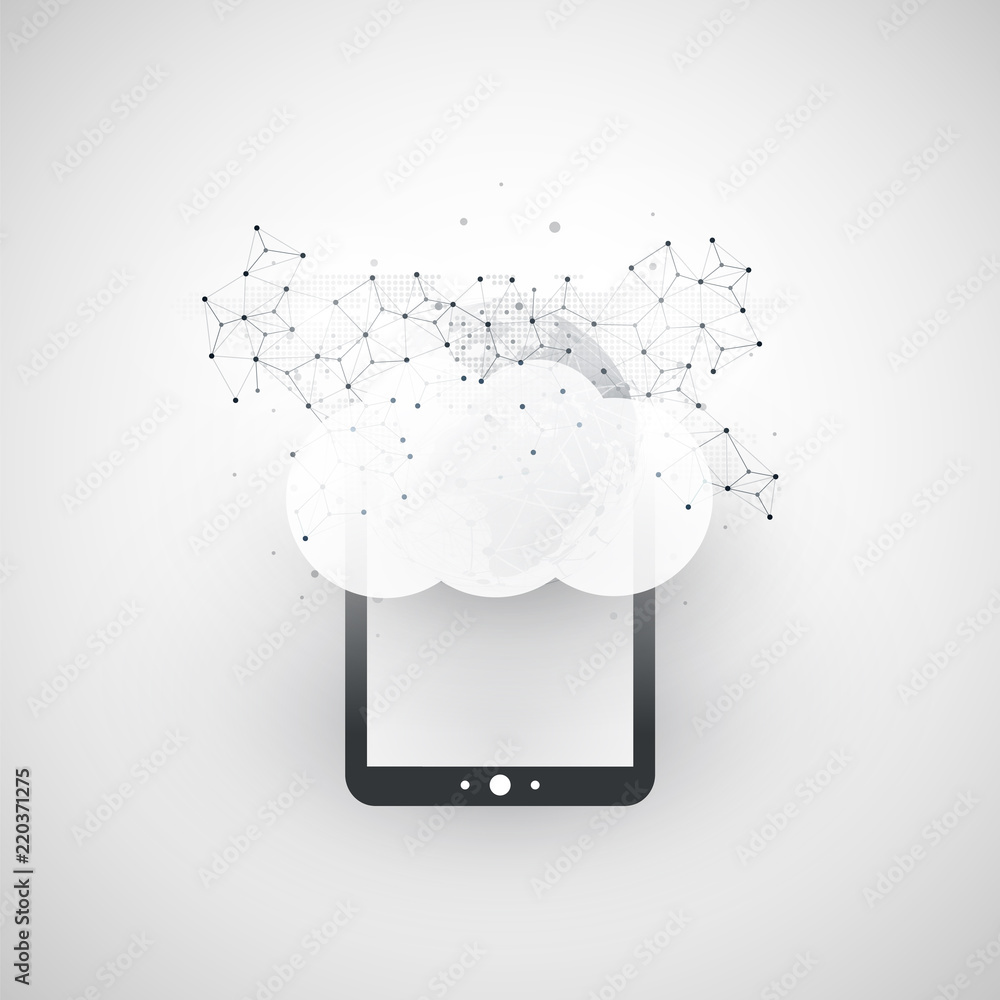 Poster cloud computing design concept with tablet and earth globe - digital network connections, technology