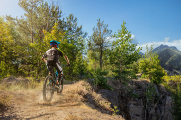 Fototapeta premium Mountain biker on forest trail. Male cyclist rides the rock