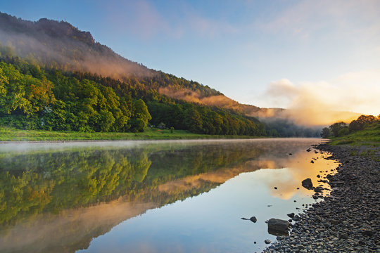 River Elbe at dawn, Konigstein, Saxony, Germany