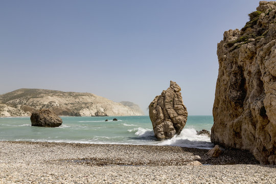 Aphrodite's Rock (Petra tou Romiou) sea stack in southern Cyprus between Paphos and Limassol, Cyprus, Mediterranean