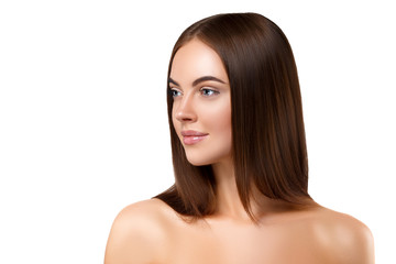 Fototapeta premium Bautiful hairstyle woman with long brunette beauty helathy hair and skin with natural makeup