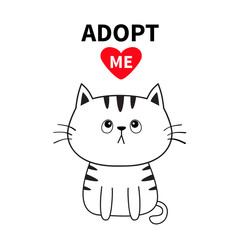 Adopt me. Dont buy. Contour sitting cat silhouette. Red heart. Pet adoption. Kawaii animal. Cute cartoon kitty character. Funny baby kitten. Help homeless animal Flat design. White background
