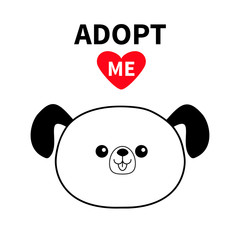 Adopt me. Dont buy. Contour dog round head silhouette. Red heart. Pet adoption. Kawaii animal. Cute cartoon puppy character. Funny baby pooch. Help homeless animal Flat design. White background