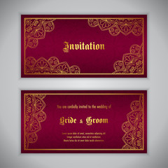 Luxury wedding invitation with golden ornament. Vector illustration