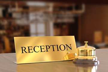 Golden reception bell and check in desk sign, 3d illustration