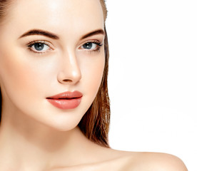 Obraz premium Beautiful skin woman face closeup beauty lips and eyes isolated on white