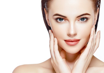 Beautiful skin woman face closeup beauty lips and eyes isolated on white