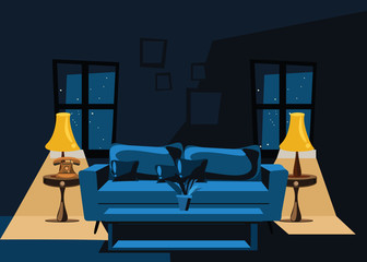 living room at night vector illustration 