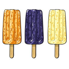 Hand drawn popsicle ice cream set with orange, blackberry and vanilla flavour. Refreshing summer snack, delicious dessert food on stick. Vector sketch isolated illustration